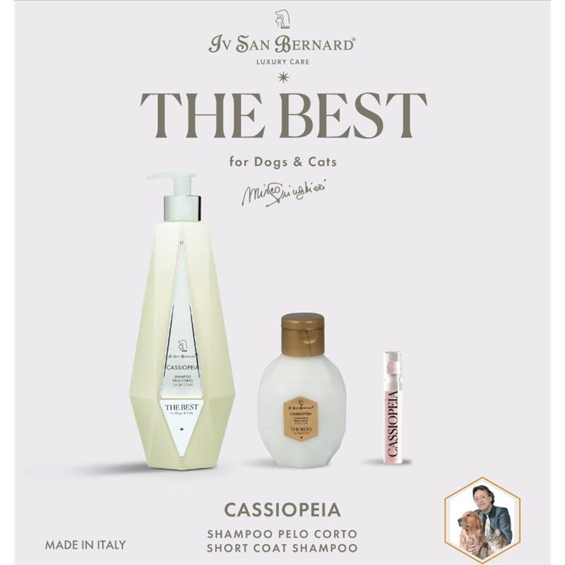 Komplet The Best Cassiopeia Short Coat (Šampon 550 ml + Balzam vzorec 120 ml + Parfum vzorec 2 ml)